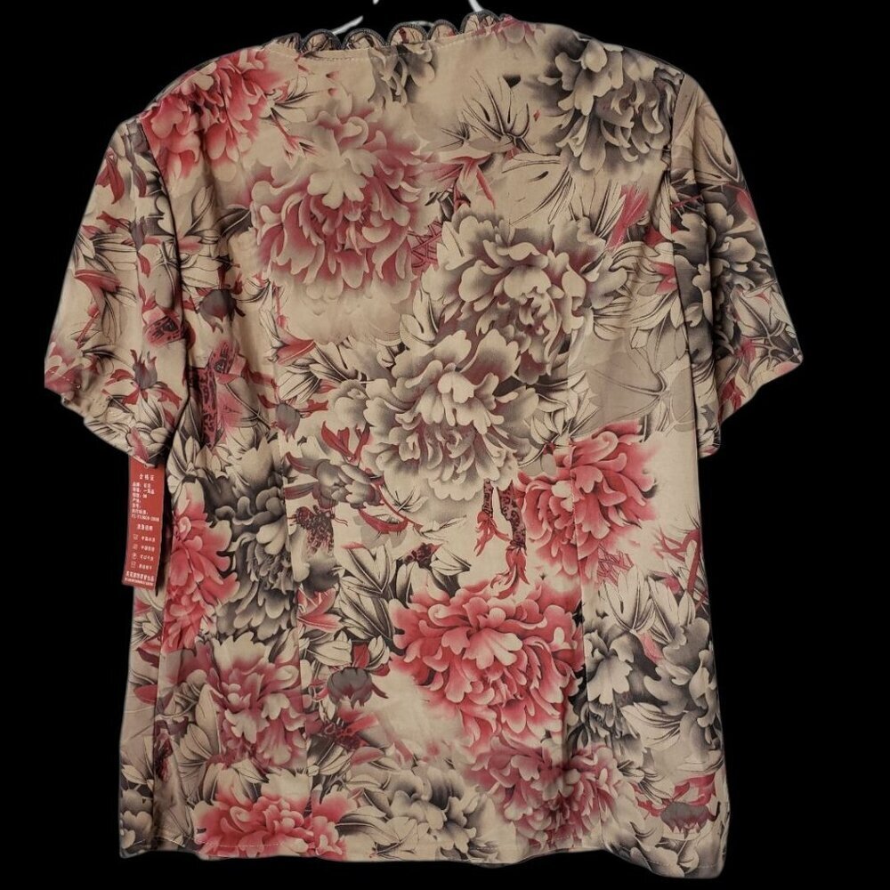 Floral Button-Up Short-Sleeve Blouse With Scalloped Edging Multicolor Size 21 - Picture 2 of 14